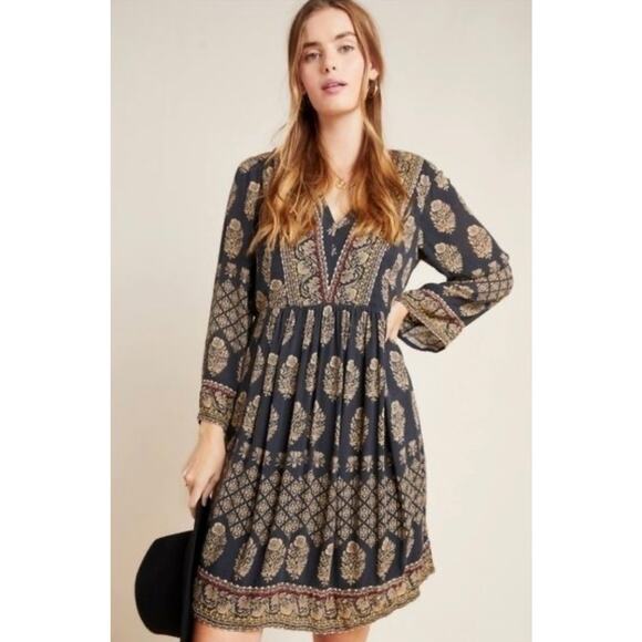 Anthropologie Maeve Avalon Boho Print Vneck Shift Dress Lined India Charcoal XS - Picture 1 of 16